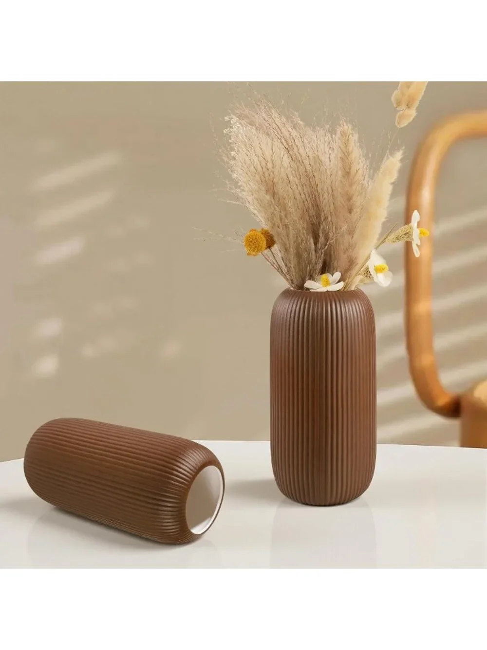 Modern Small Caramel Ceramic Vase Flowers Ribbed Textured Farmhouse Home Livings